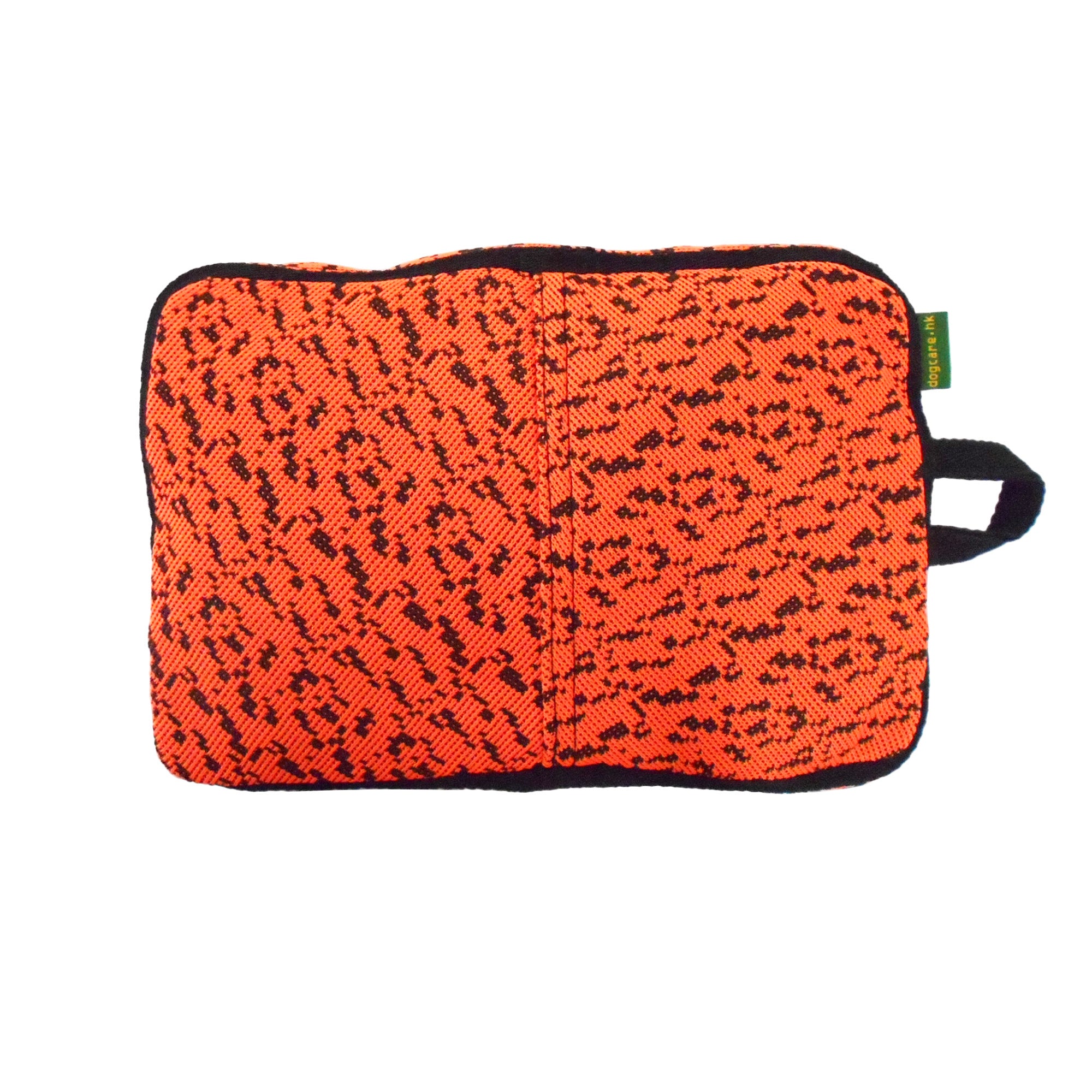Orange pouch with black pattern on a white background