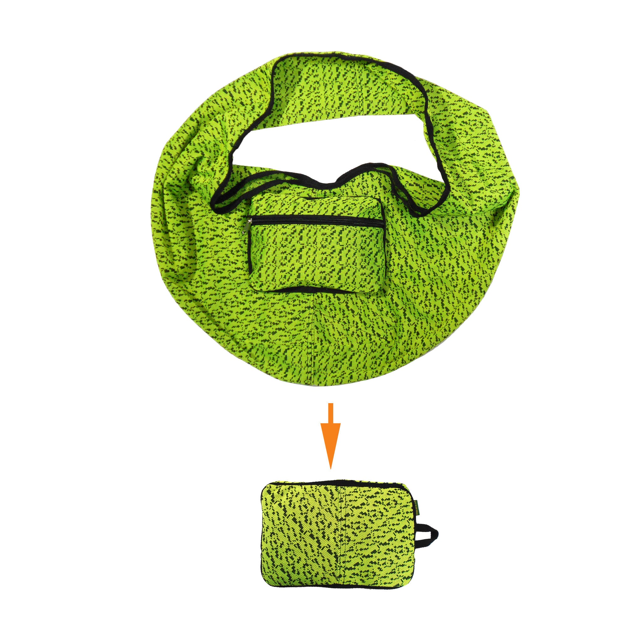 Green textured bag with a smaller green bag inside on a white background