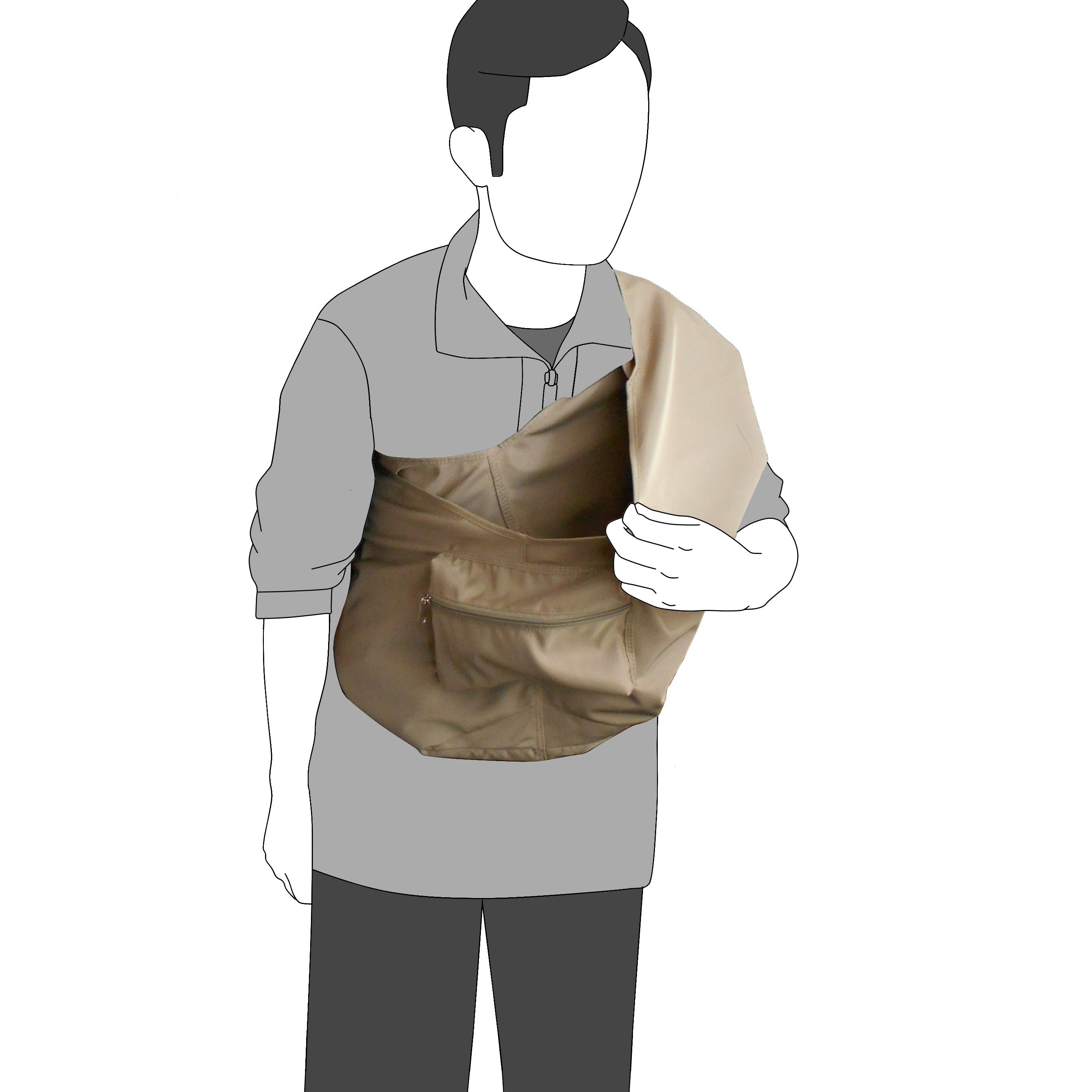 Illustration of a person wearing a brown apron over a gray shirt.
