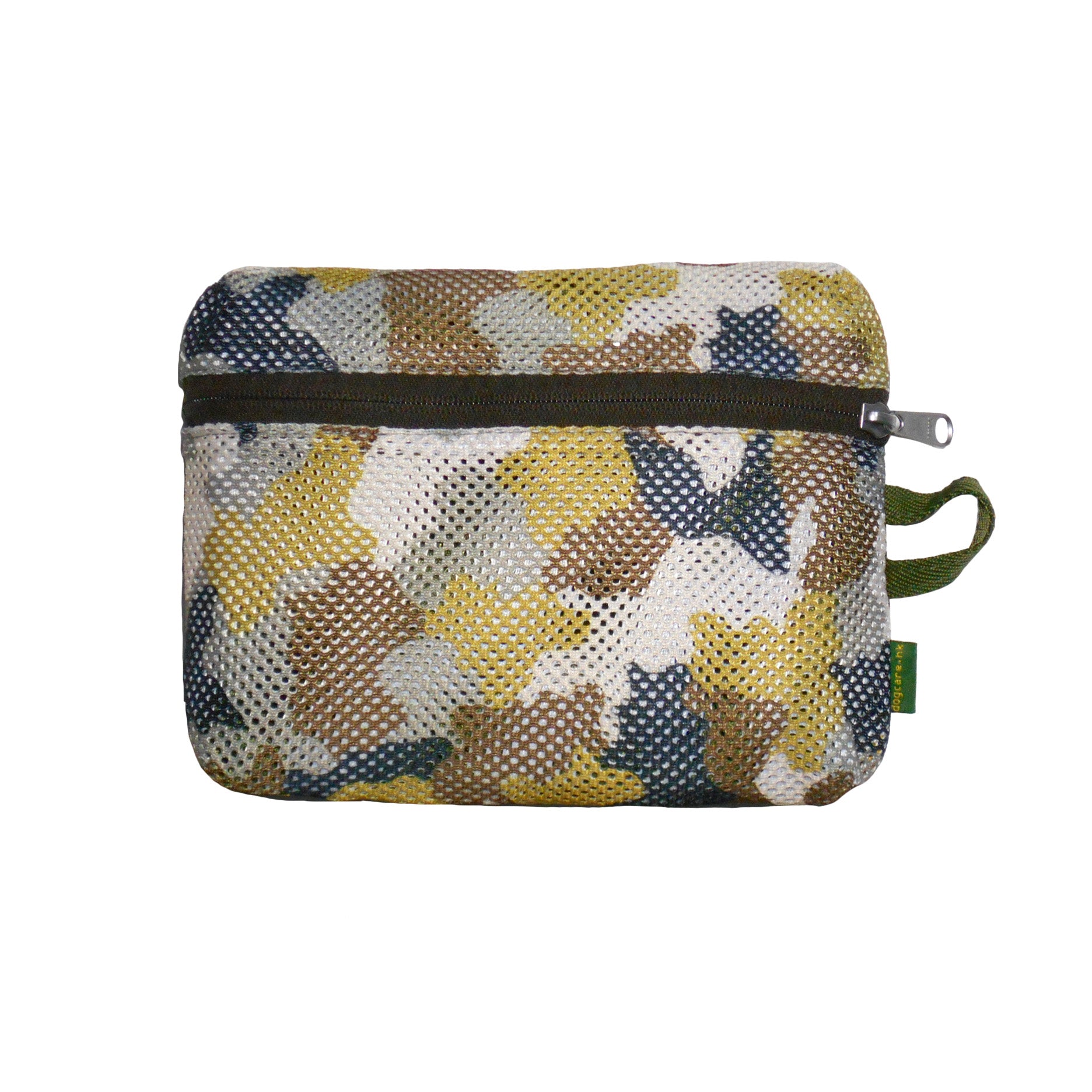 Camouflage-patterned pouch with a zipper on a white background
