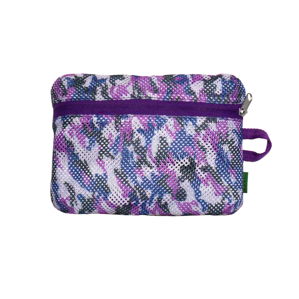 Multicolored patterned pouch with a purple zipper on a white background