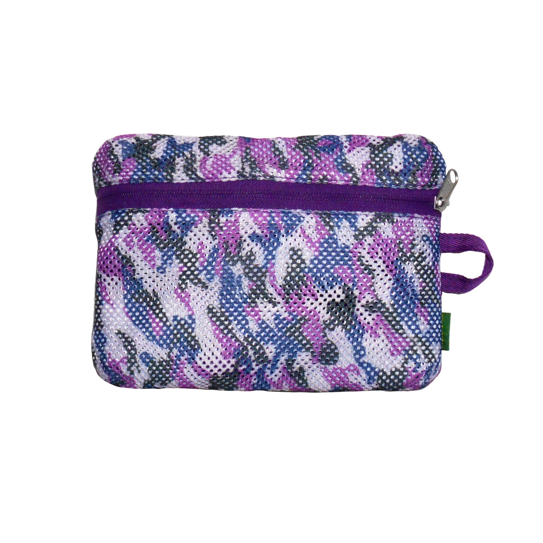 Multicolored patterned pouch with a purple zipper on a white background
