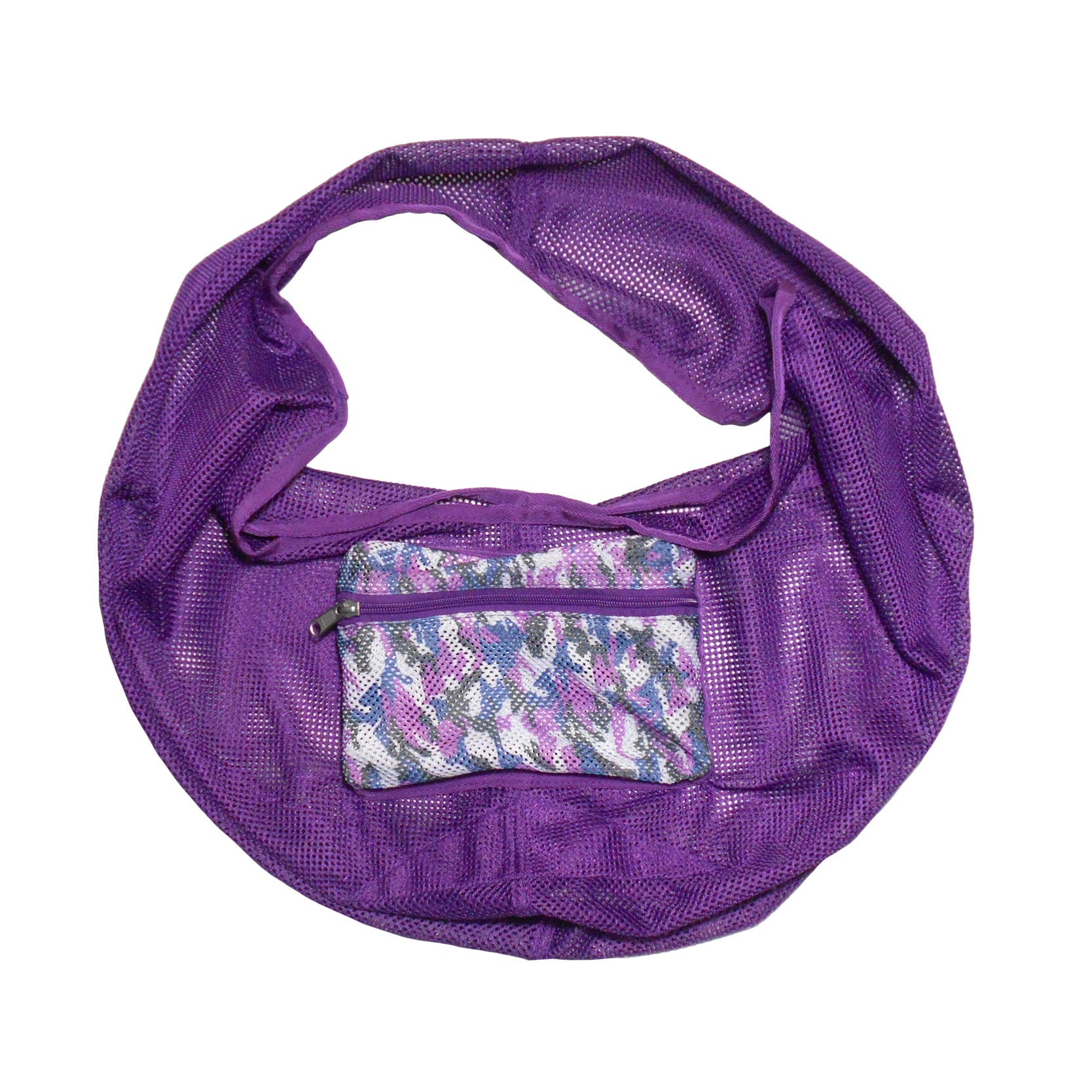 Purple mesh bag with a patterned pocket on a white background