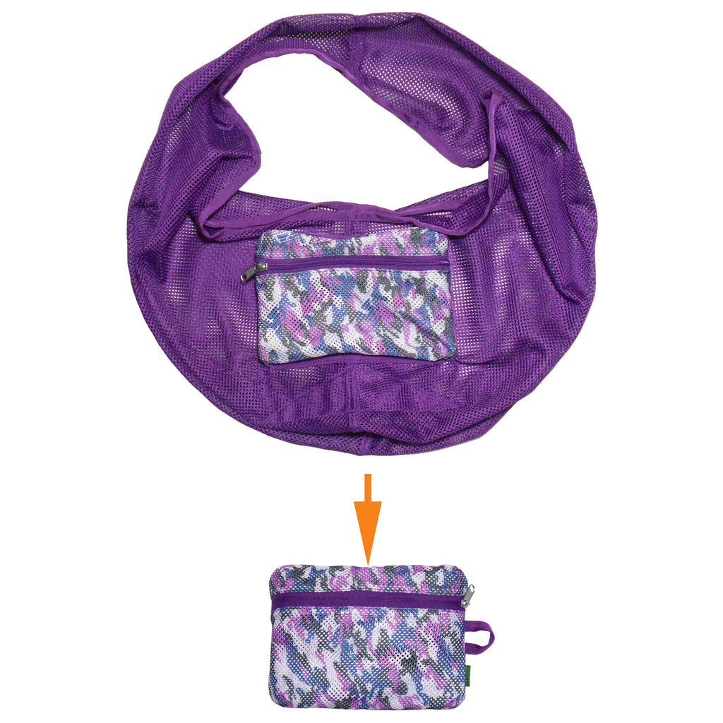 Purple mesh bag with a smaller mesh pouch on a white background
