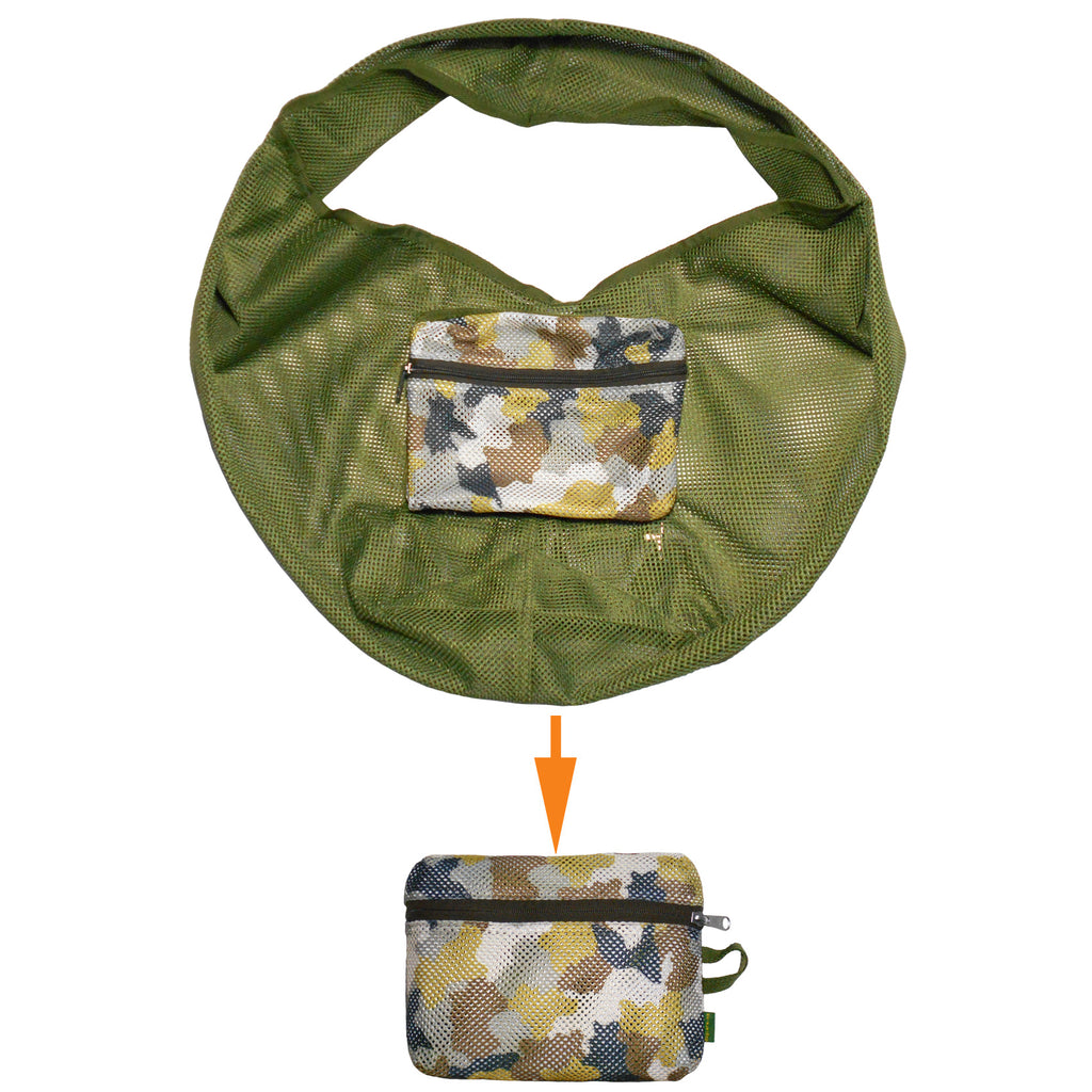 Green mesh bag with a camouflage pouch on a white background