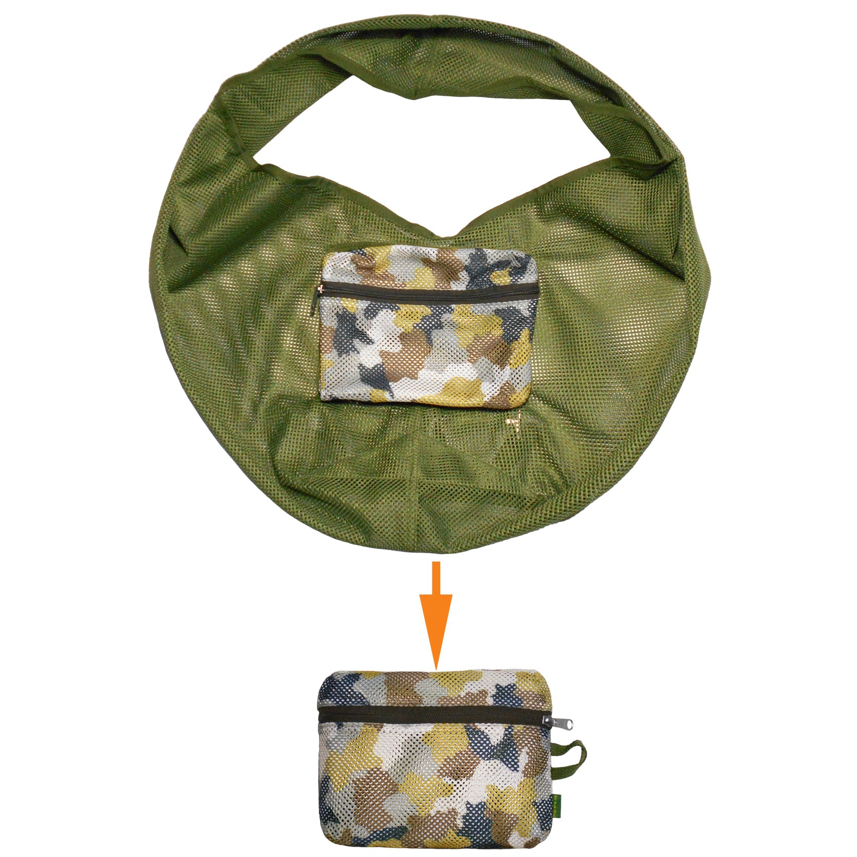 Green mesh bag with a camouflage pouch on a white background