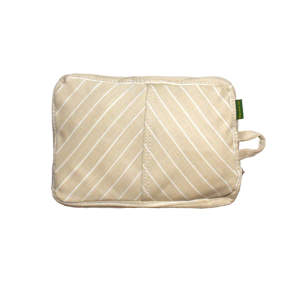 Beige striped pot holder with a green tag on a white background