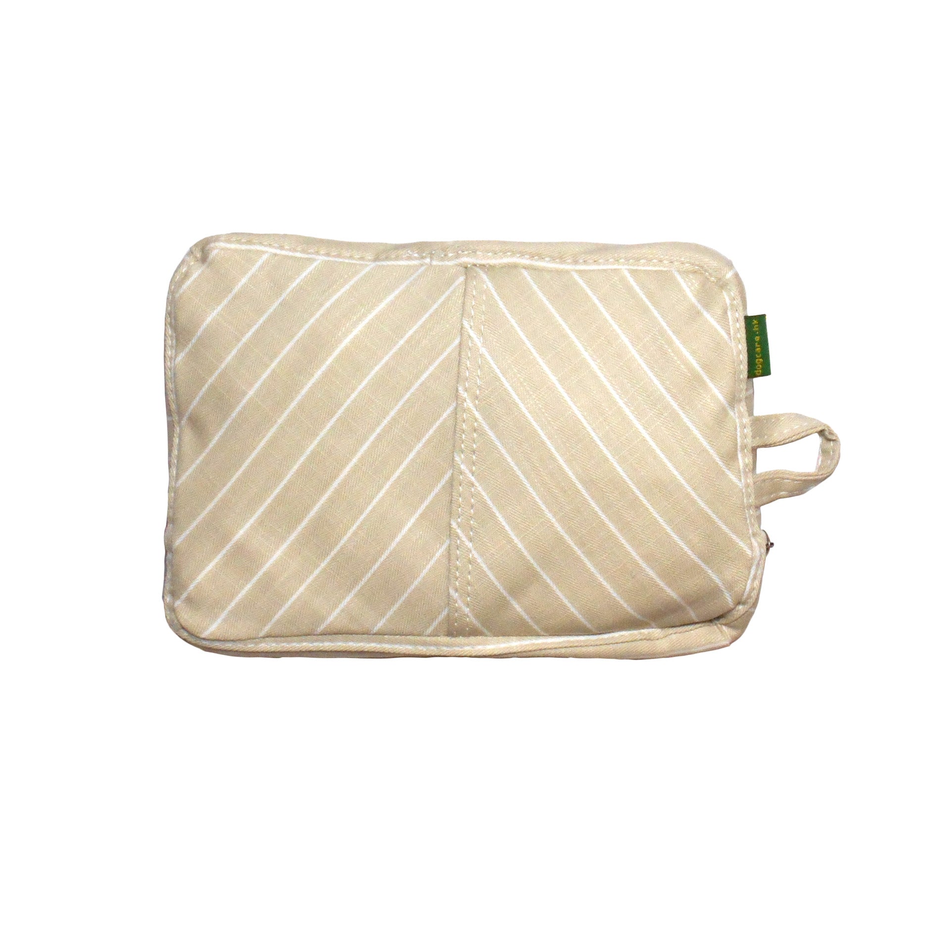 Beige striped pot holder with a green tag on a white background
