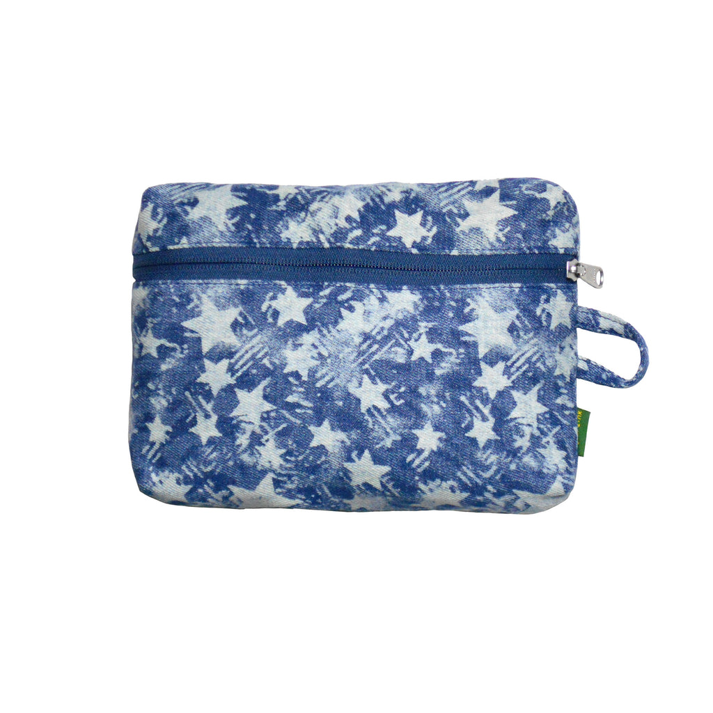 Blue and white patterned pouch with a zipper on a white background