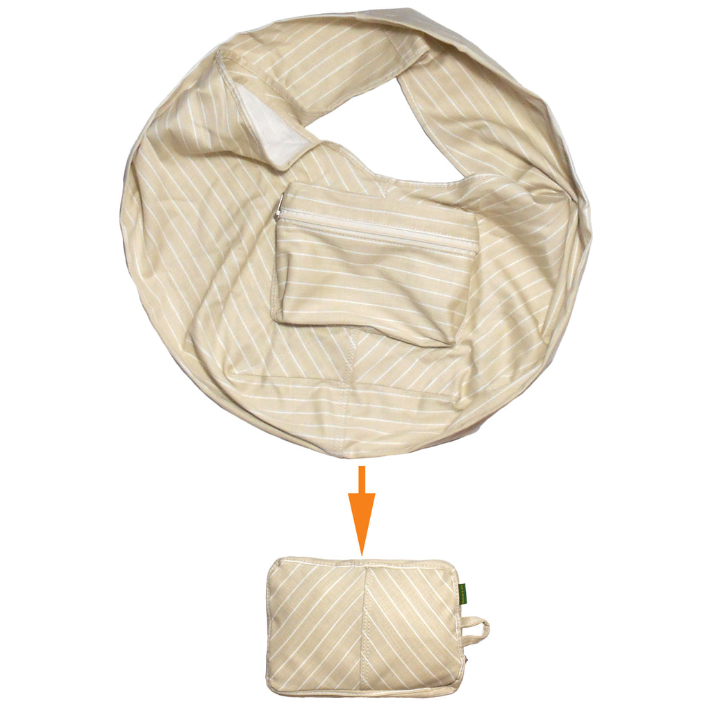 Beige striped bag with a smaller pouch on a white background