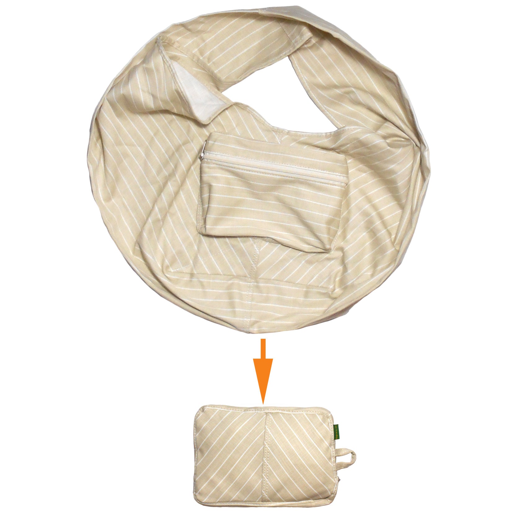 Beige striped bag with a smaller pouch on a white background