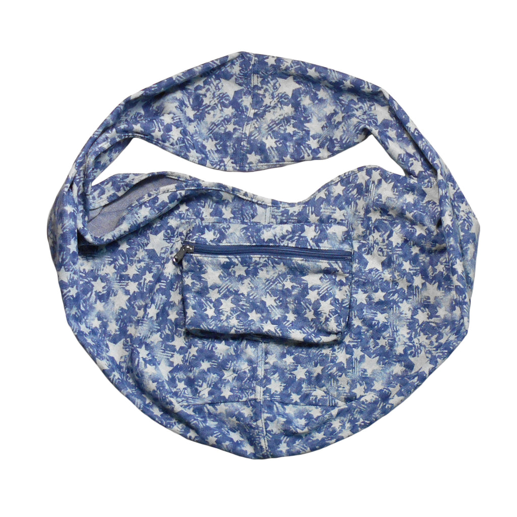 Blue floral-patterned bag with a pocket on a white background