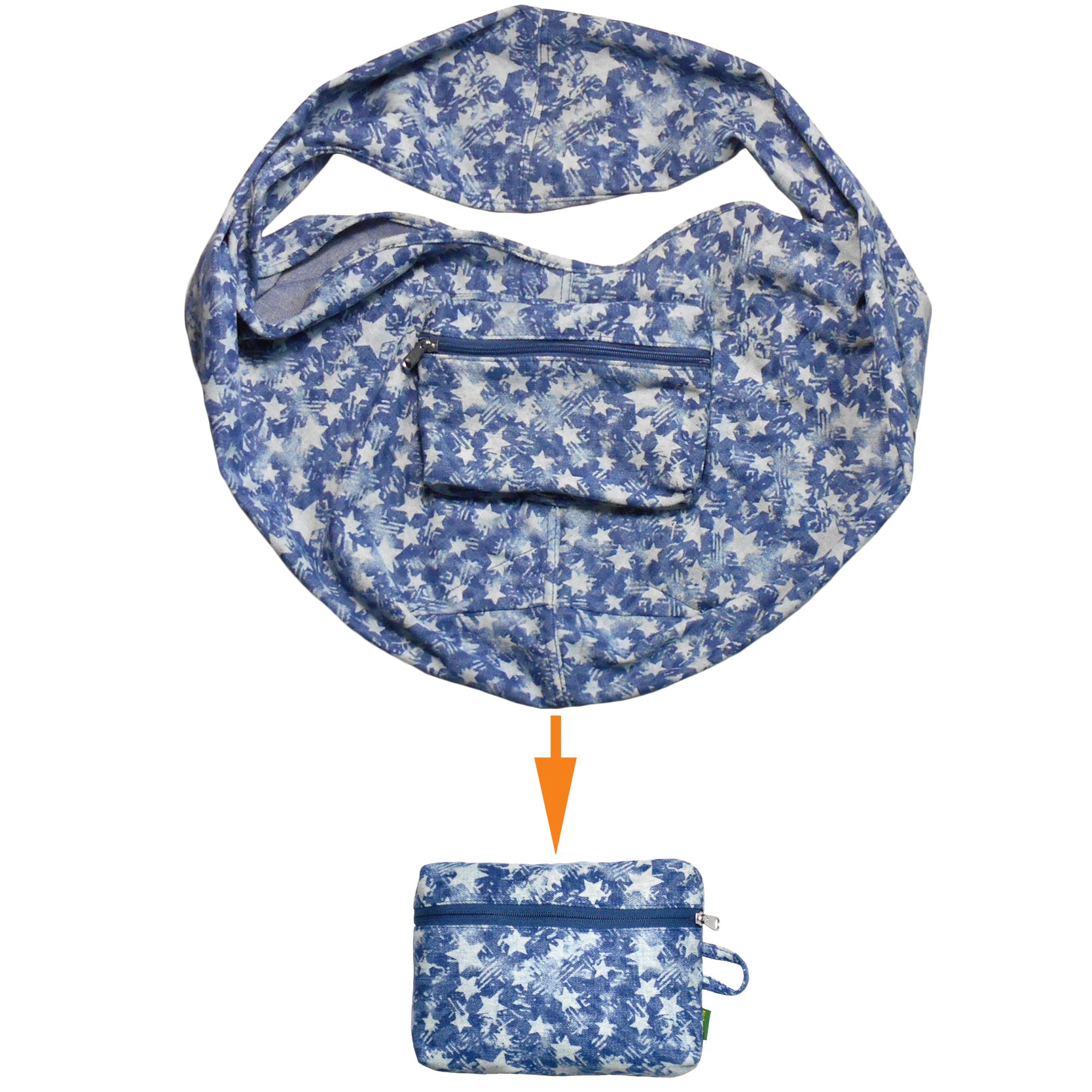 Blue floral-patterned bag with a smaller pouch on a white background
