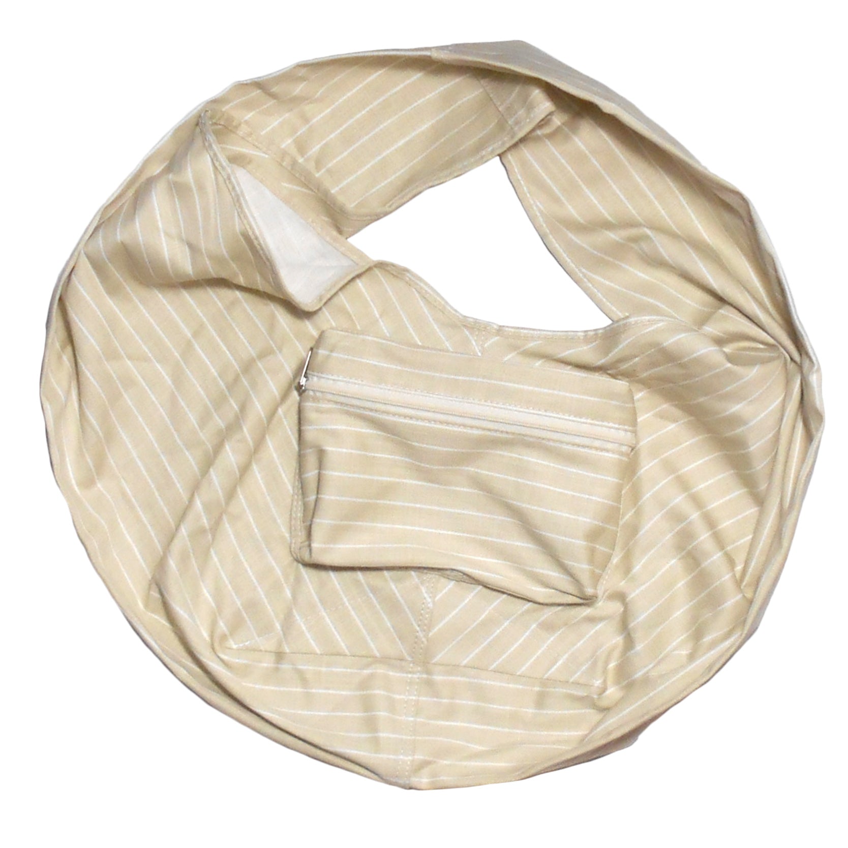 Beige striped infinity scarf on a white background