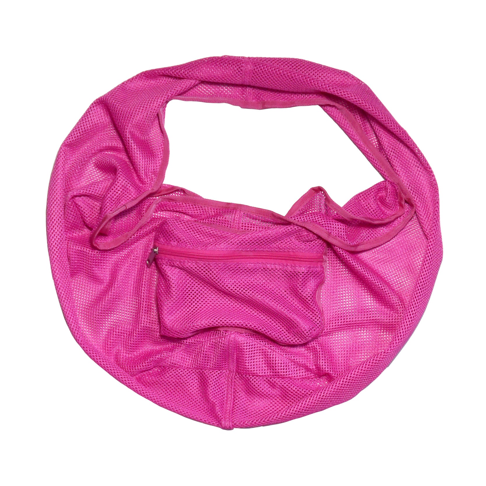Pink mesh bag with a zipper on a white background