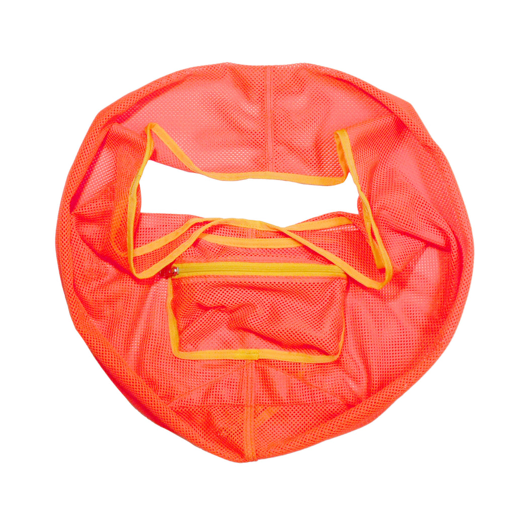 Orange mesh bag with yellow straps on a white background