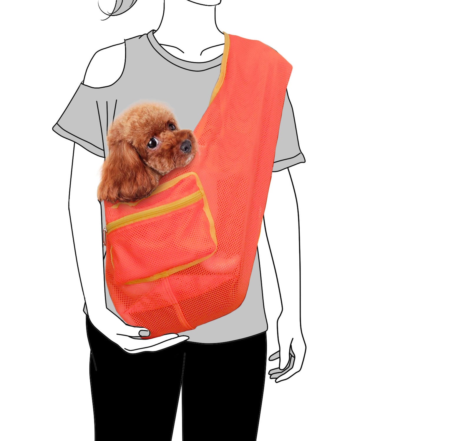 Orange pet sling with a small brown dog inside, worn by a person.