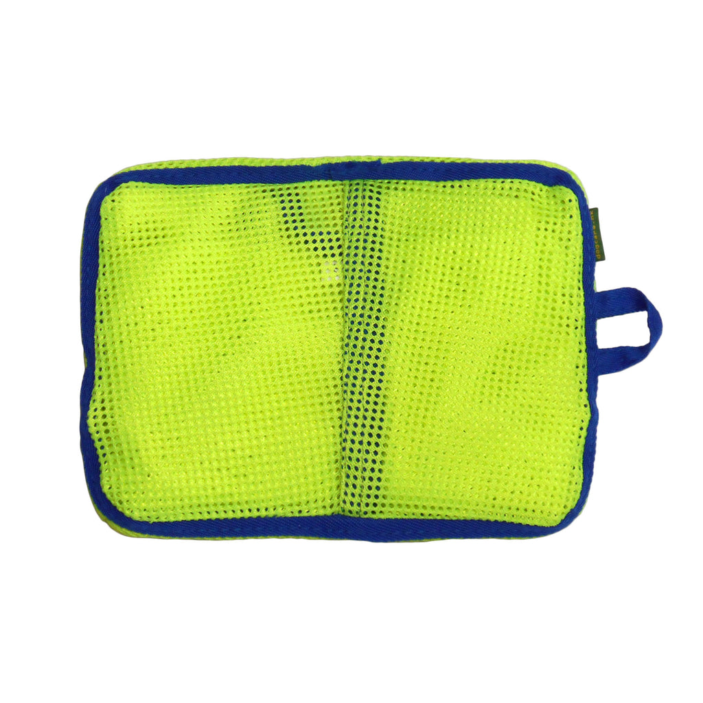 Green mesh pouch with blue trim on a white background