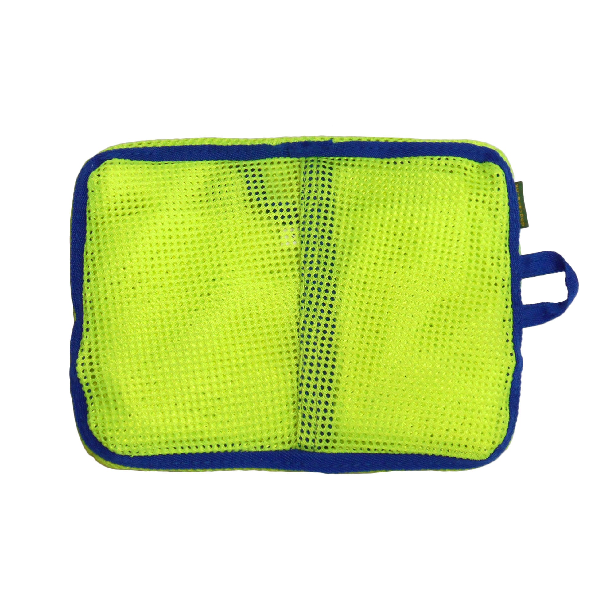 Green mesh pouch with blue trim on a white background