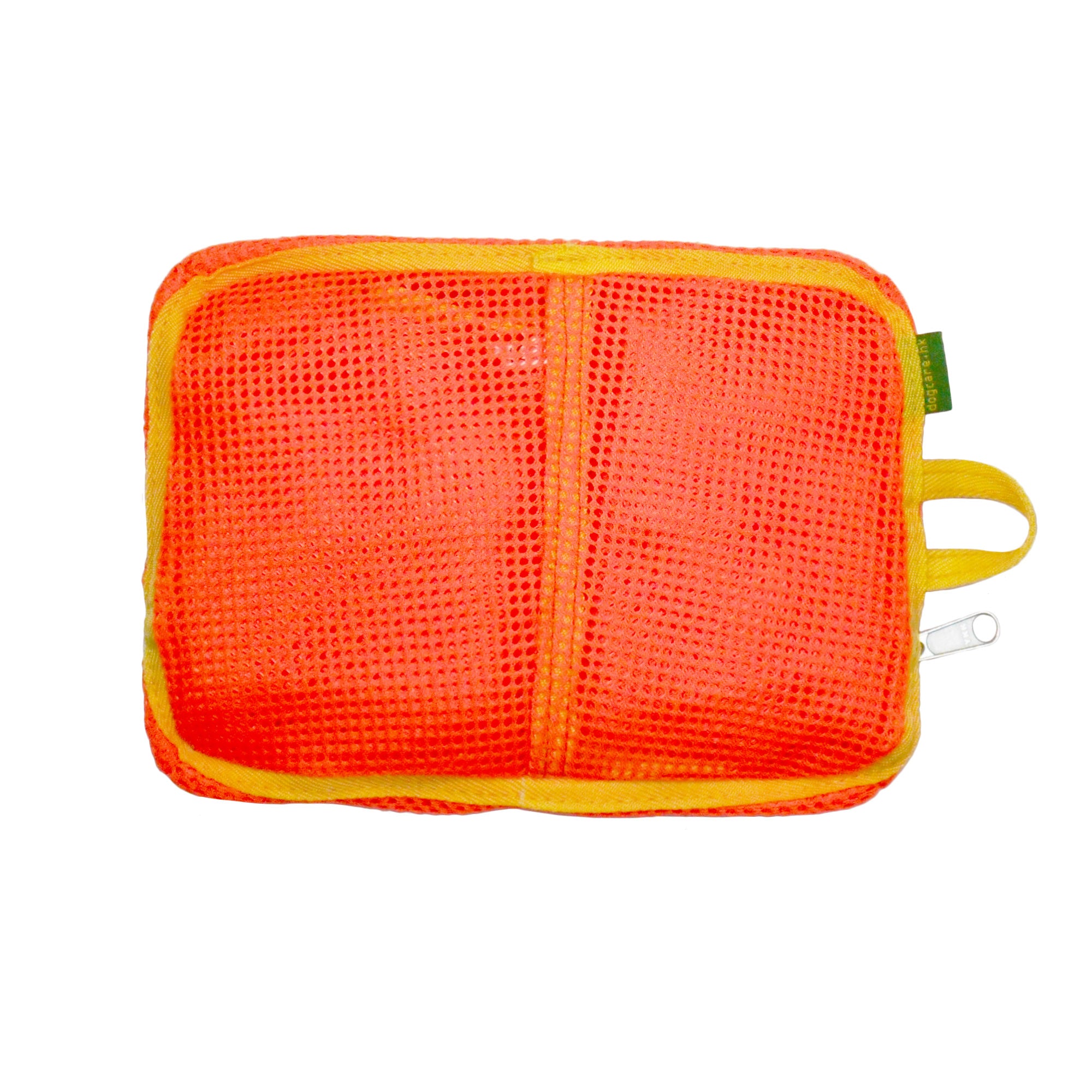 Orange mesh pouch with yellow trim on a white background