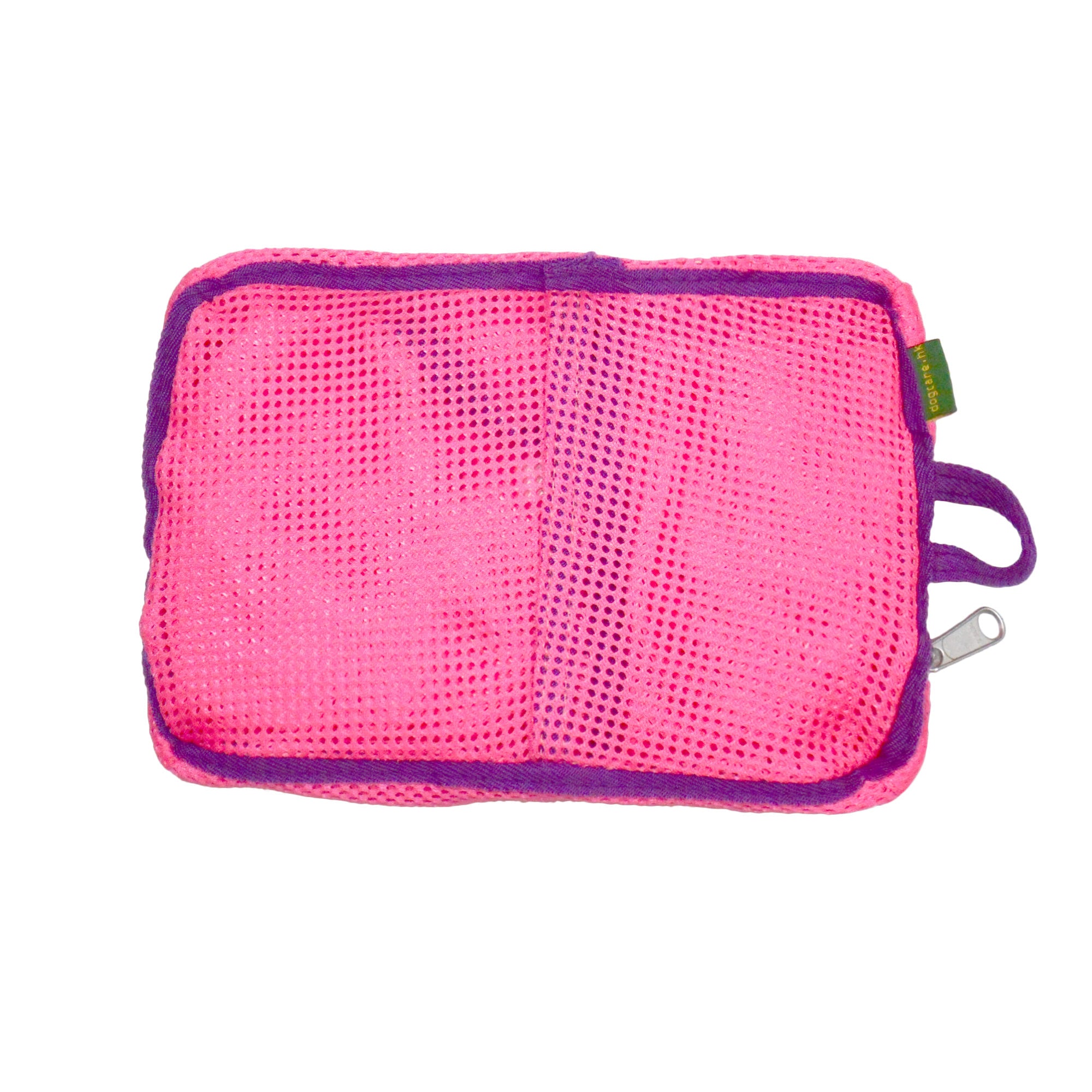 Pink mesh pouch with purple trim on a white background
