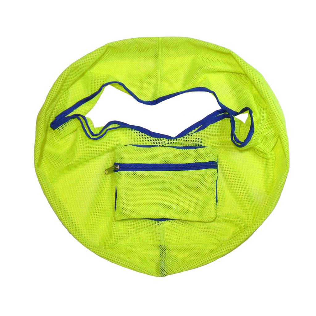 Green mesh bag with blue zipper on a white background