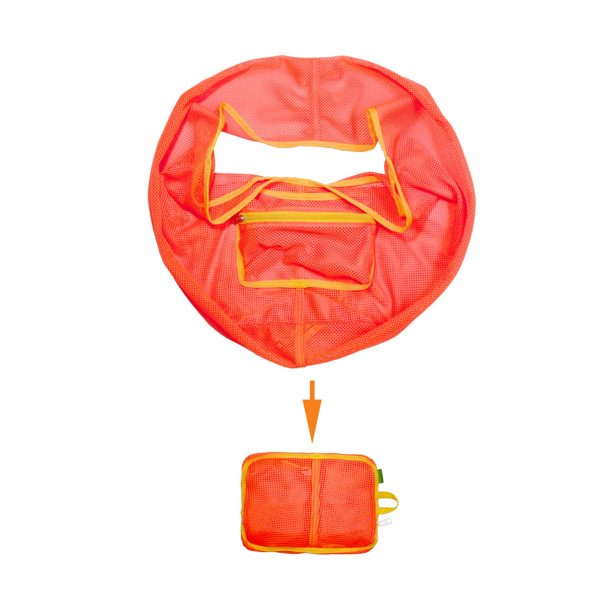 Orange mesh bag with yellow accents on a white background