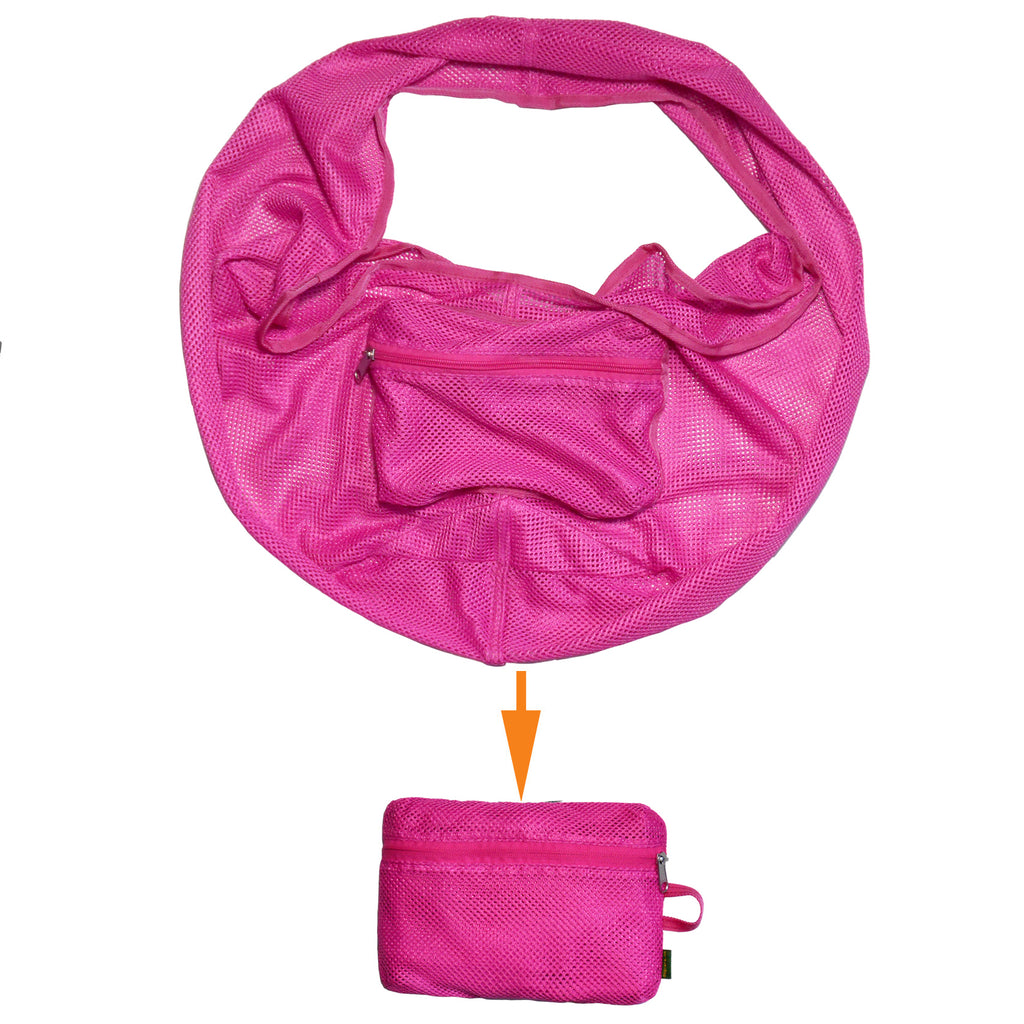 Pink mesh bag with a smaller pink pouch on a white background