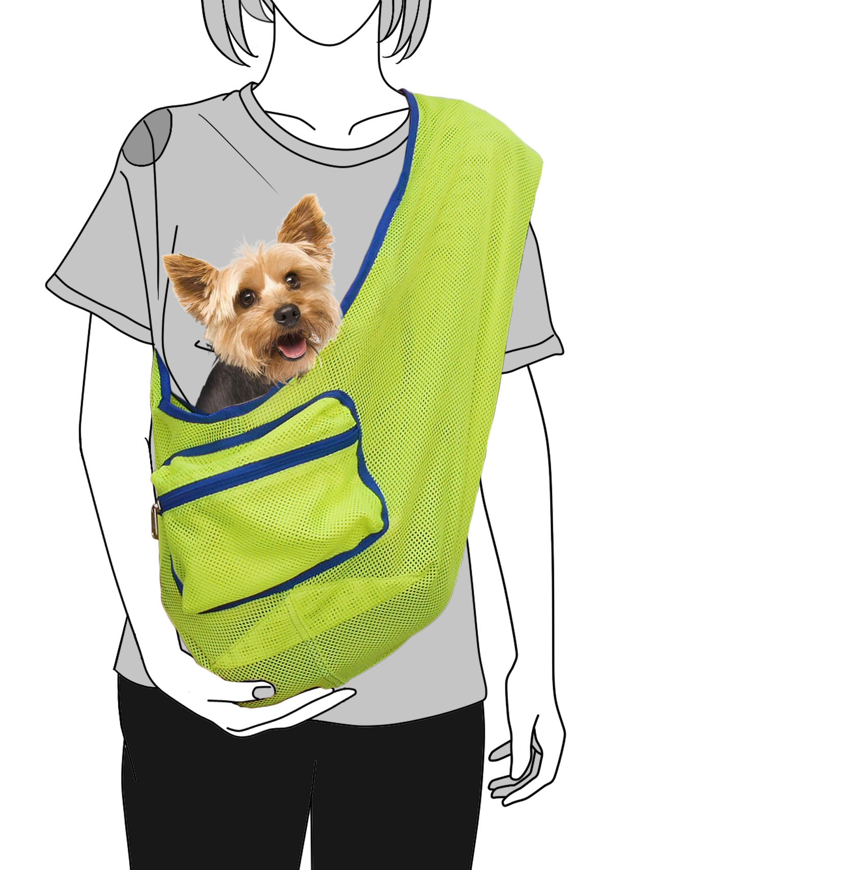 Person wearing a green mesh dog sling with a dog inside on a white background