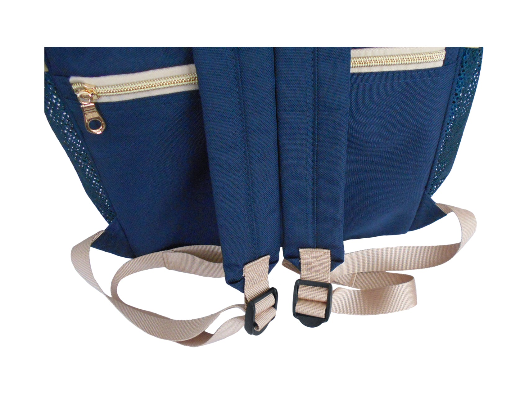 Blue pet carrier backpack with beige straps and zippers on a white background
