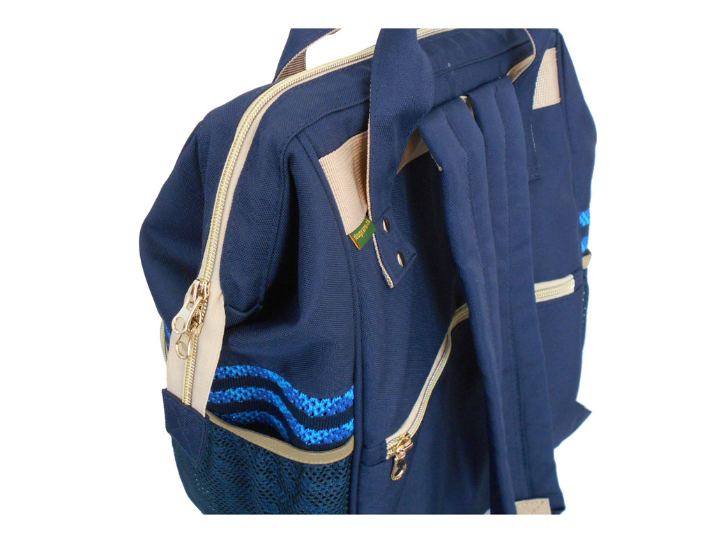 Blue backpack with gold zippers on a white background