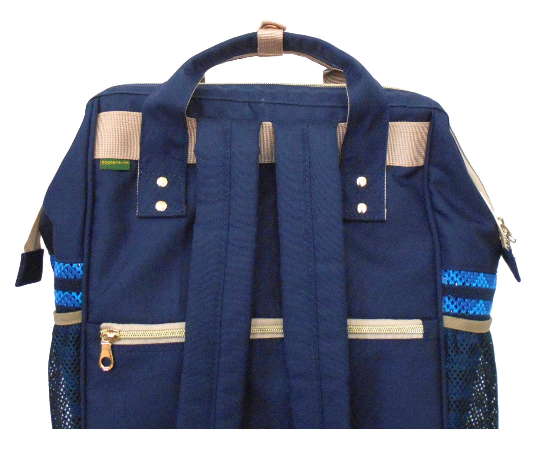 Blue pet carrier backpack with beige accents on a white background