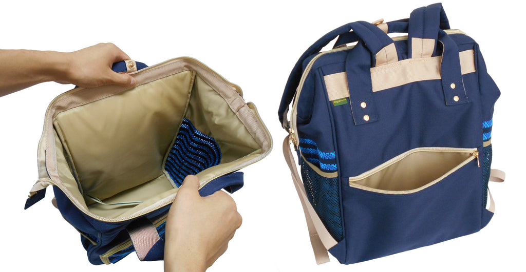 Blue pet carrier backpack with beige interior, showing a hand opening it.