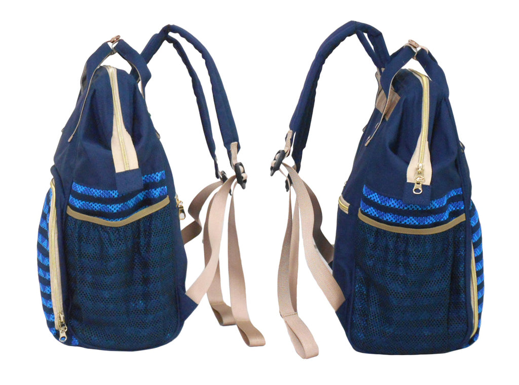 Blue backpack with beige accents on a white background