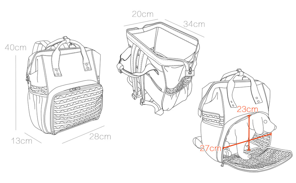 Measurement chart of a pet carrier with dimensions in centimeters.