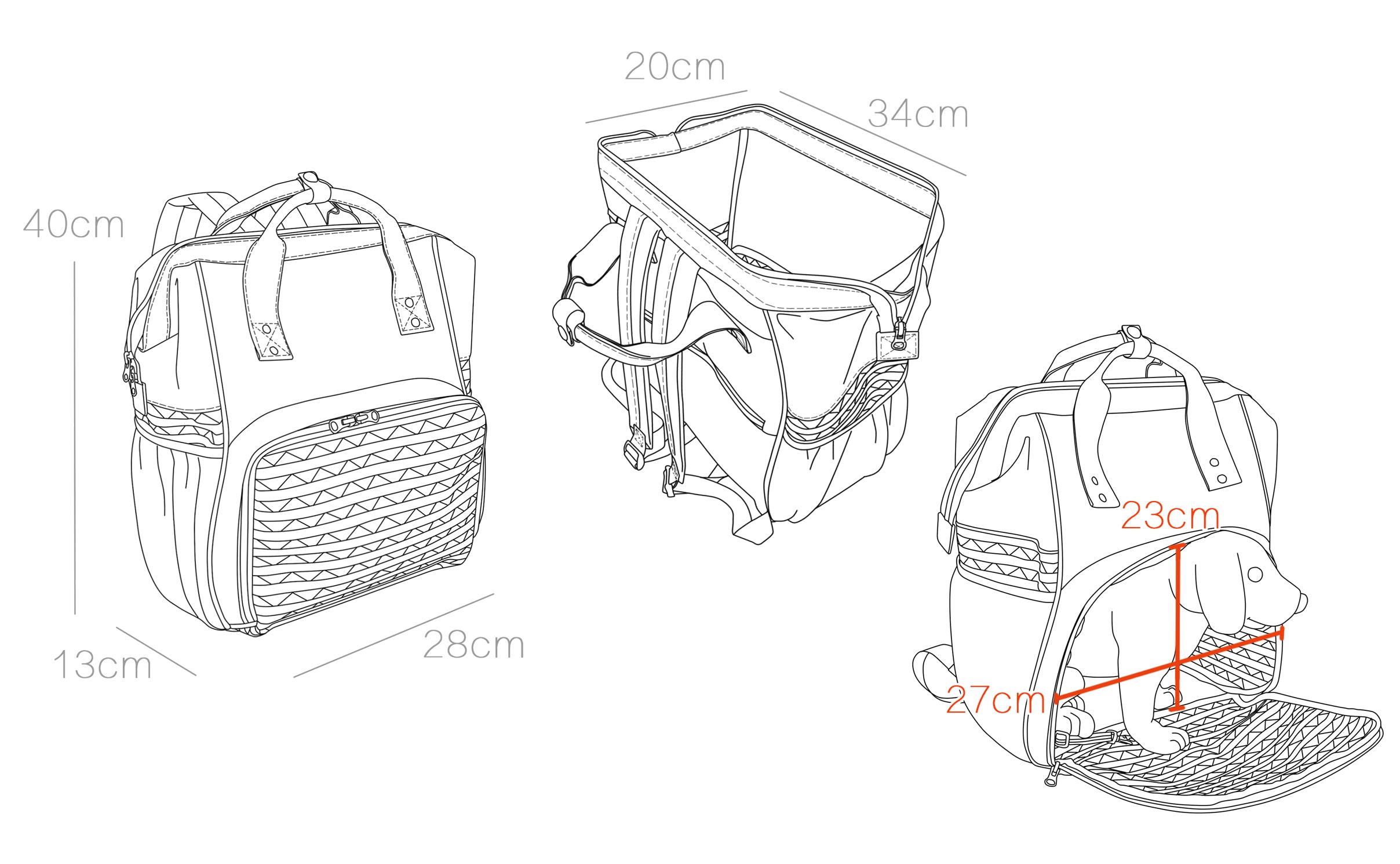 Measurement chart of a pet carrier with dimensions in centimeters.