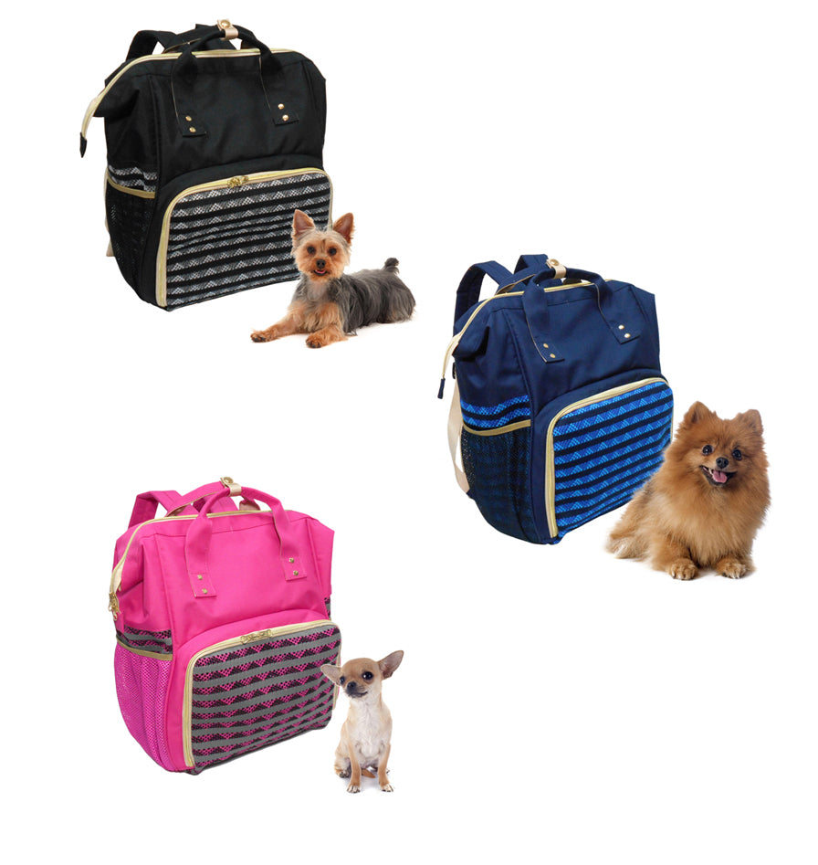 Four pet travel bags in black, blue, pink, and multicolor with small dogs around them on a white background.