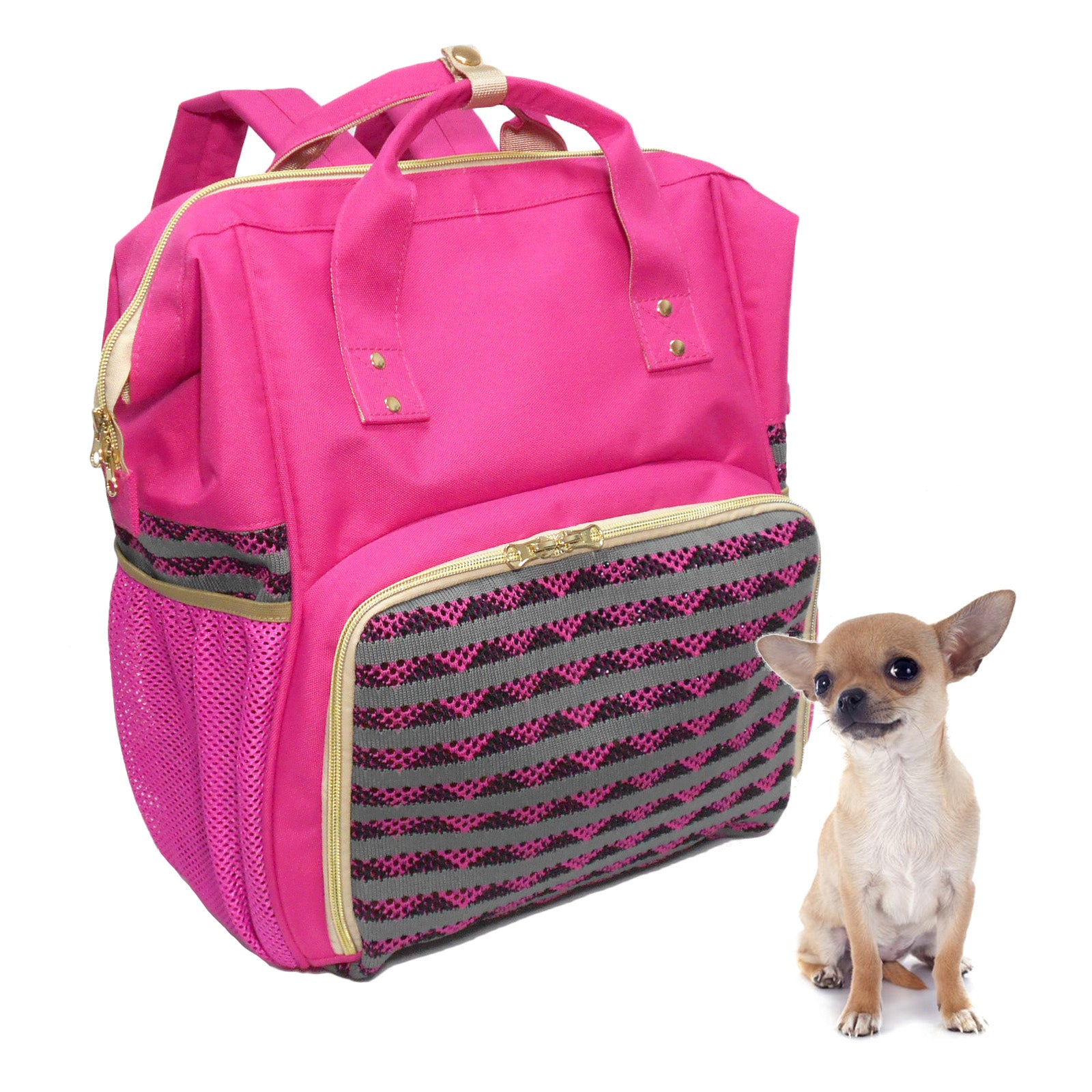 Pink backpack with a small dog sitting next to it on a white background