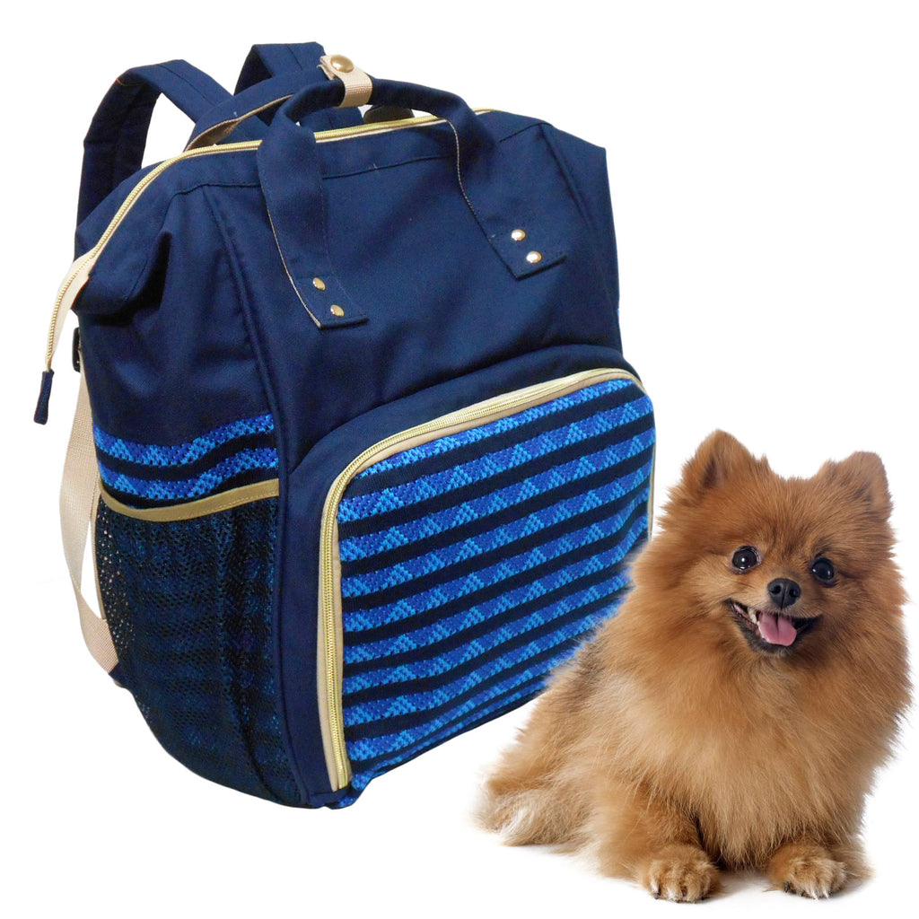 Blue pet carrier backpack with gold accents next to a small brown dog on a white background