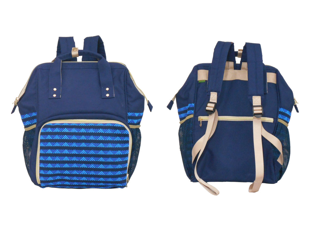 Two blue backpacks with beige accents on a white background