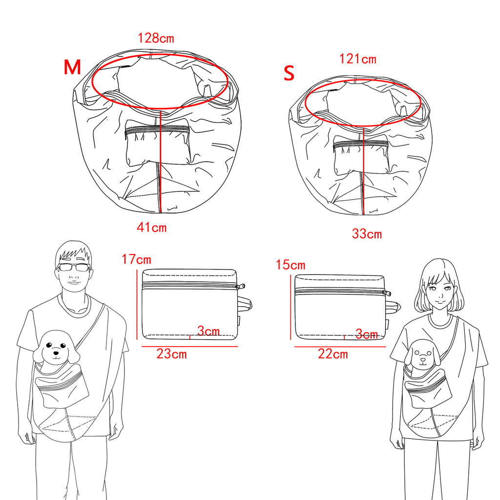 Measurement chart for baby carriers with size M and S, showing dimensions in centimeters.