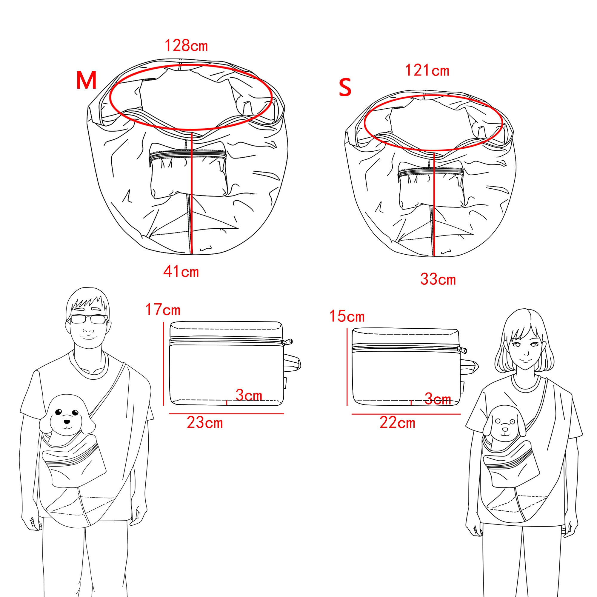 Measurement chart for baby carriers with size M and S, showing dimensions in centimeters.