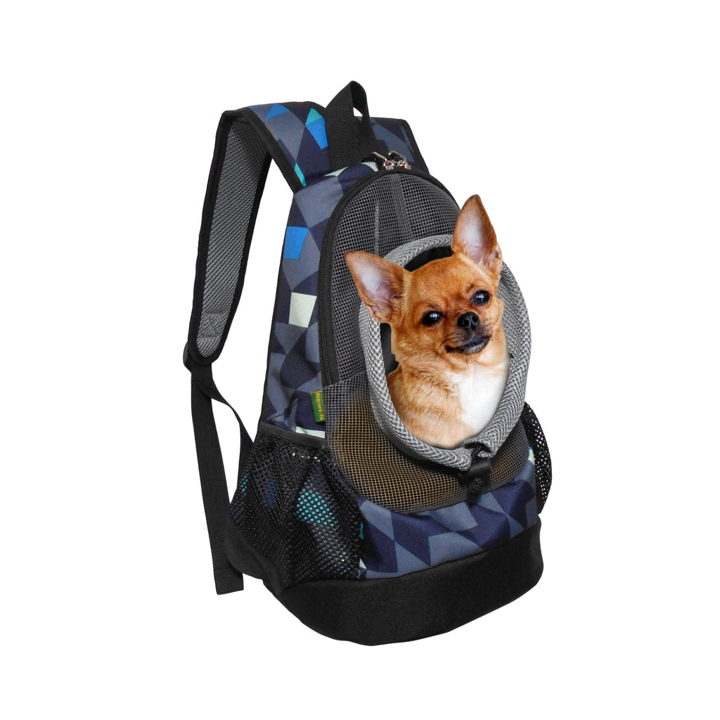 A small dog is visible inside a mesh outdoor backpack designed for pets, featuring adjustable straps and side pockets.