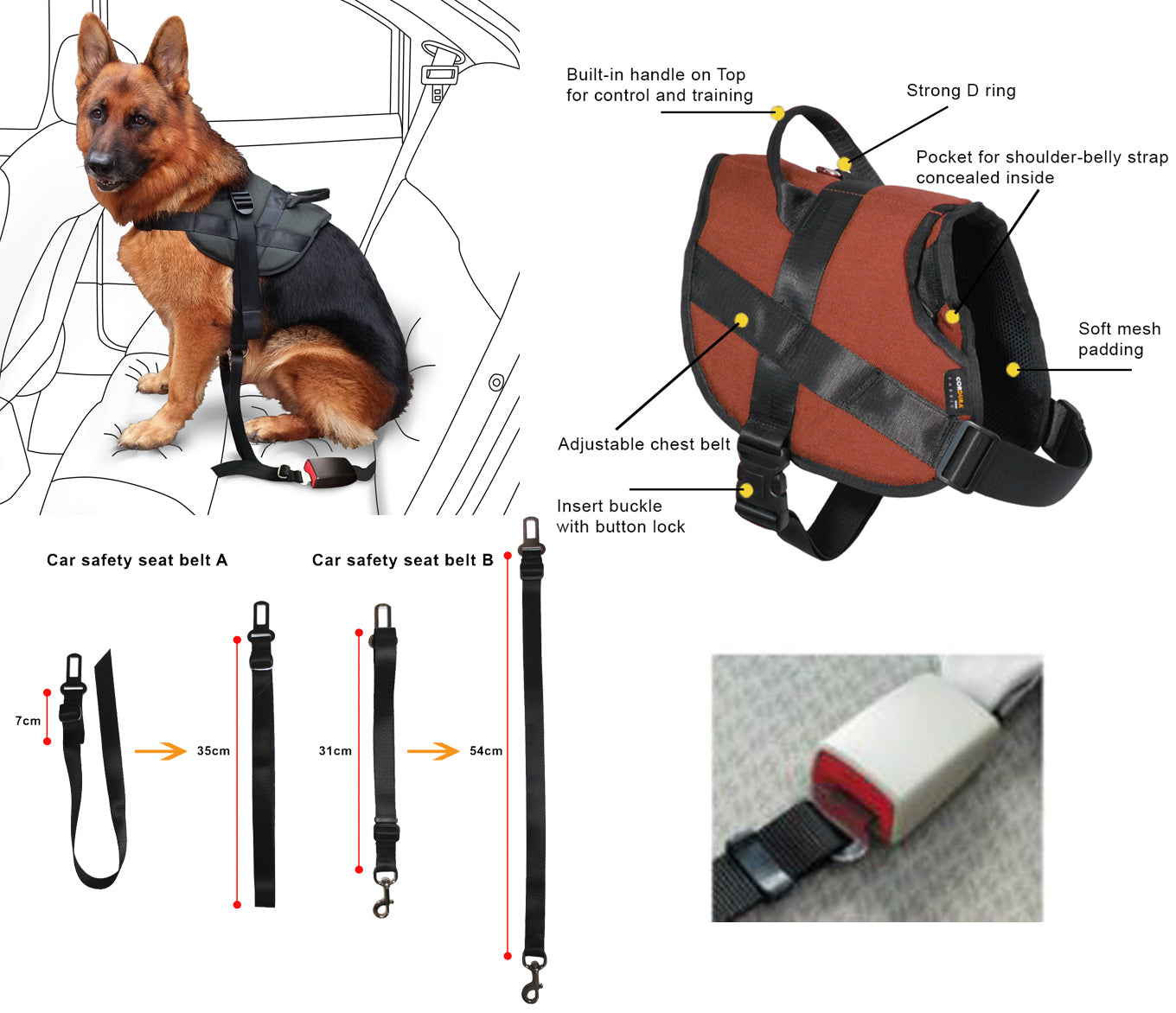 1000D Cordura Nylon Dog Vest Harness With Car Safety Seat Belts For Dog Girth 23"-32"