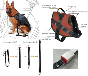 1000D Cordura Nylon Dog Vest Harness With Car Safety Seat Belts For Dog Girth 23"-32"