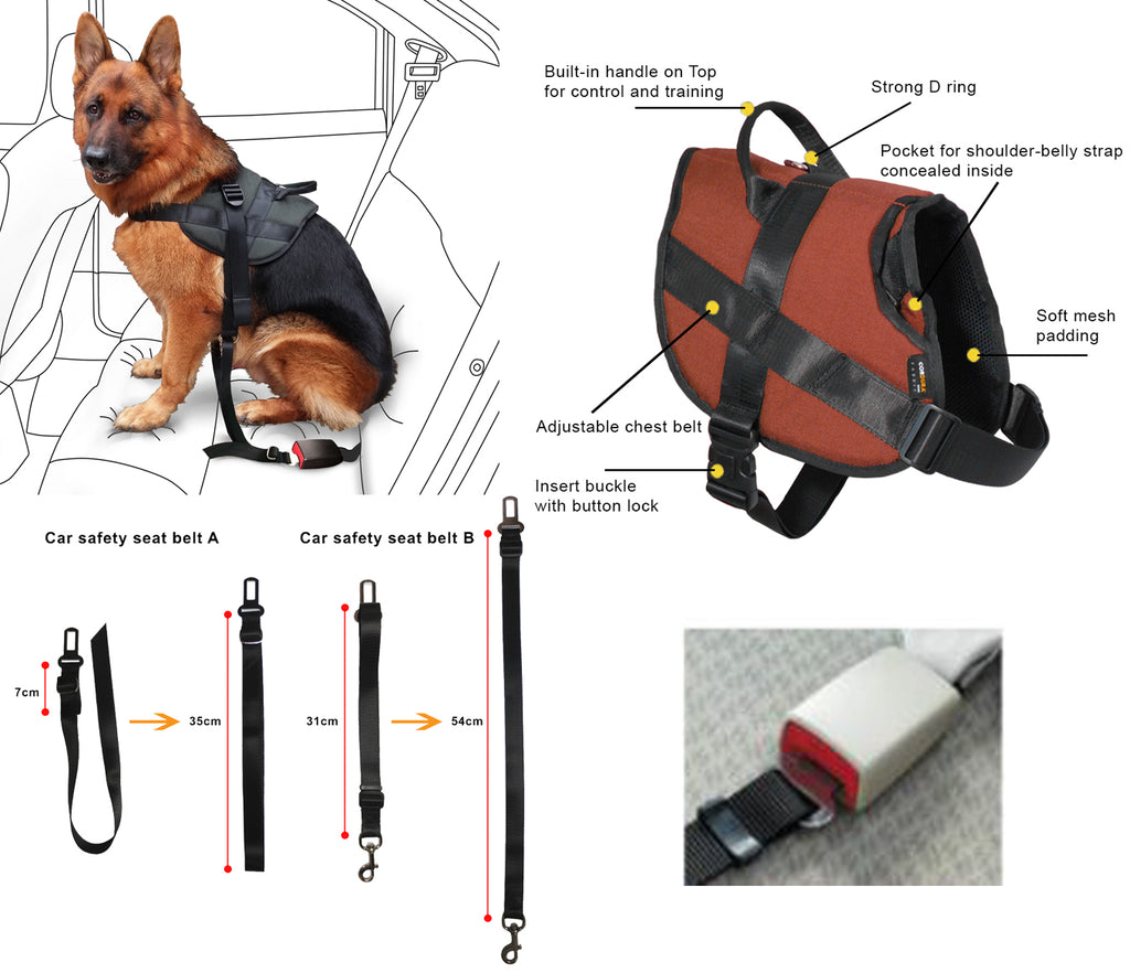 1000D Cordura Nylon Dog Vest Harness With Car Safety Seat Belts For Dog Girth 27"-38"