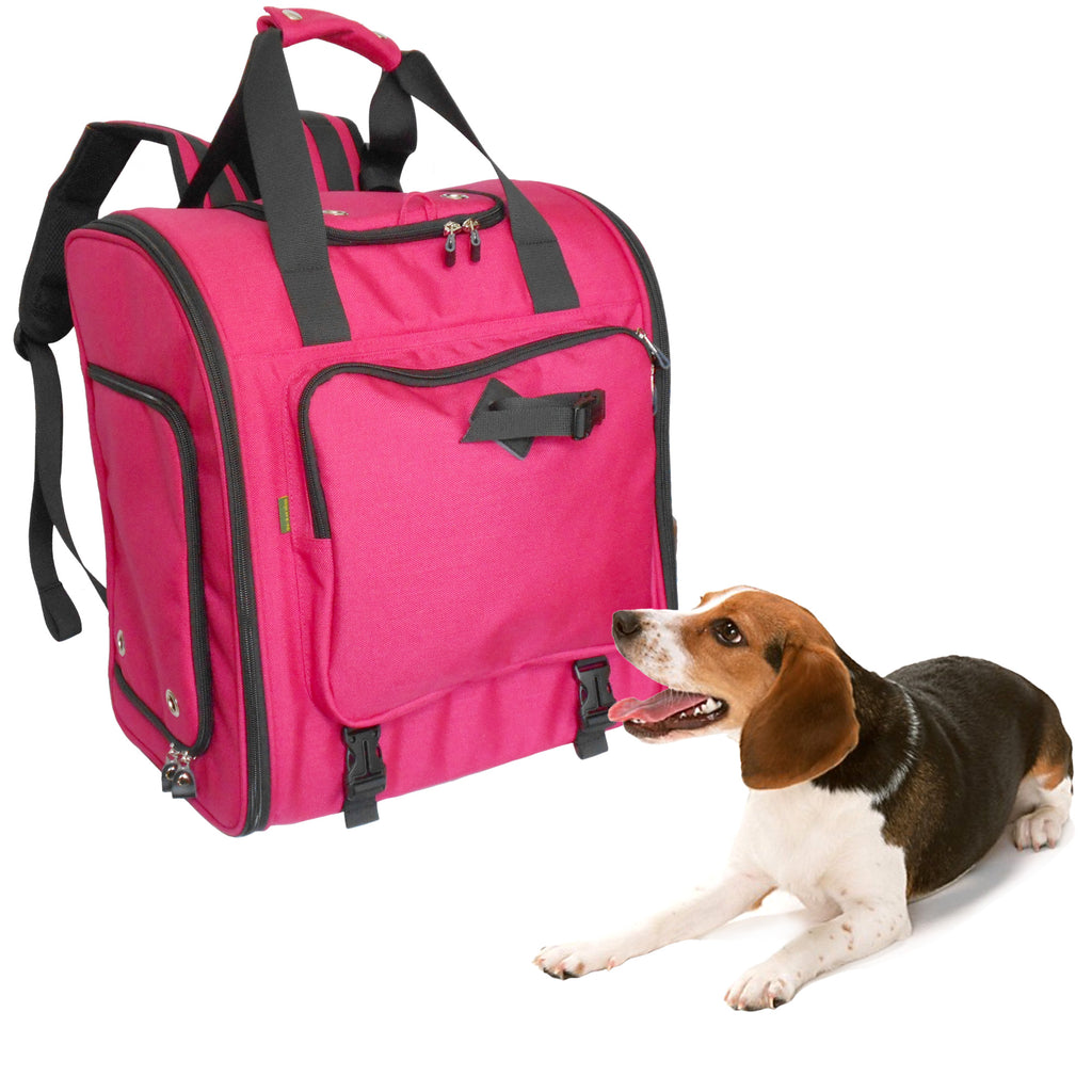A pink Cordura nylon dog carrier backpack with a mesh front window, alongside a dog lying in front of it.