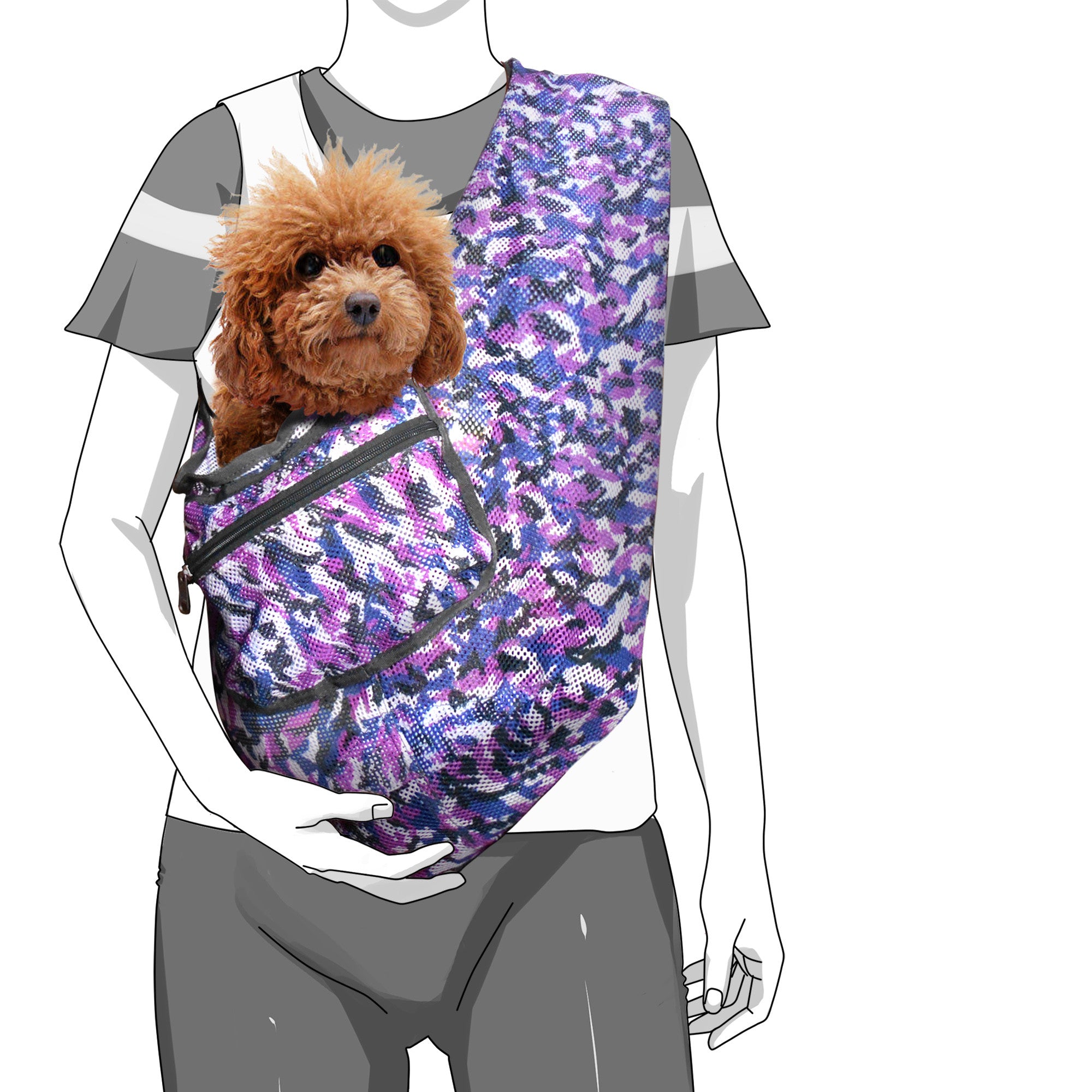 A foldable camouflage print mesh dog/cat carrier crossbody sling bag in a purple pattern. A small dog is shown being carried in the sling.